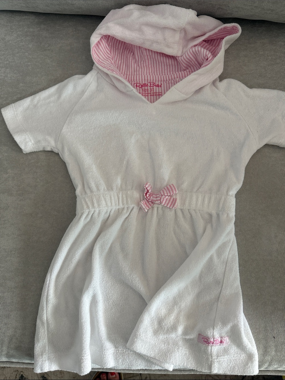 Ruffle Butts White Hooded Kids Swim Coverup with Pink Stripe Lining